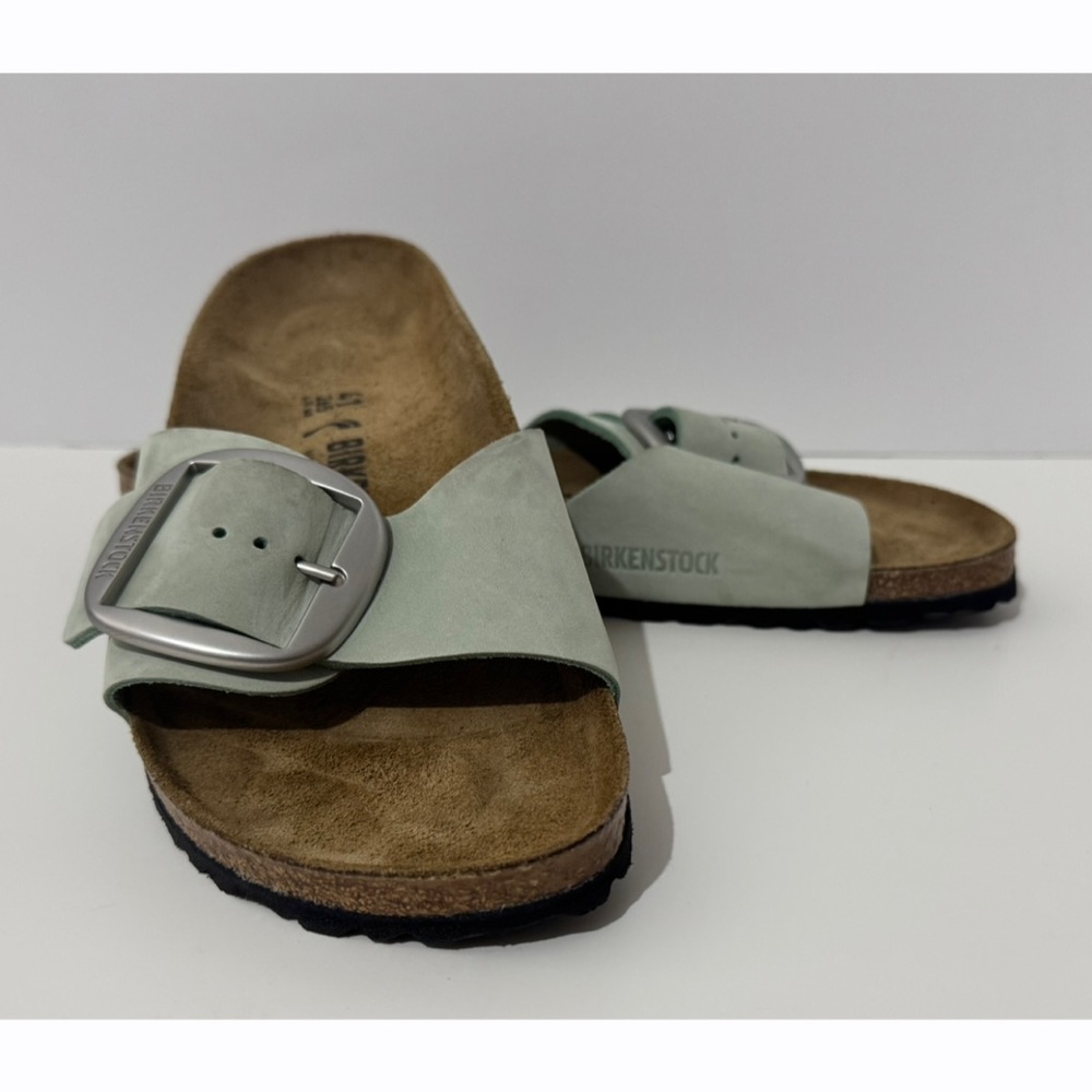 Birkenstock Madrid Big Buckle Nubuck Leather Pure Sage Green Slide Sandals 10 - Picture 2 of 12